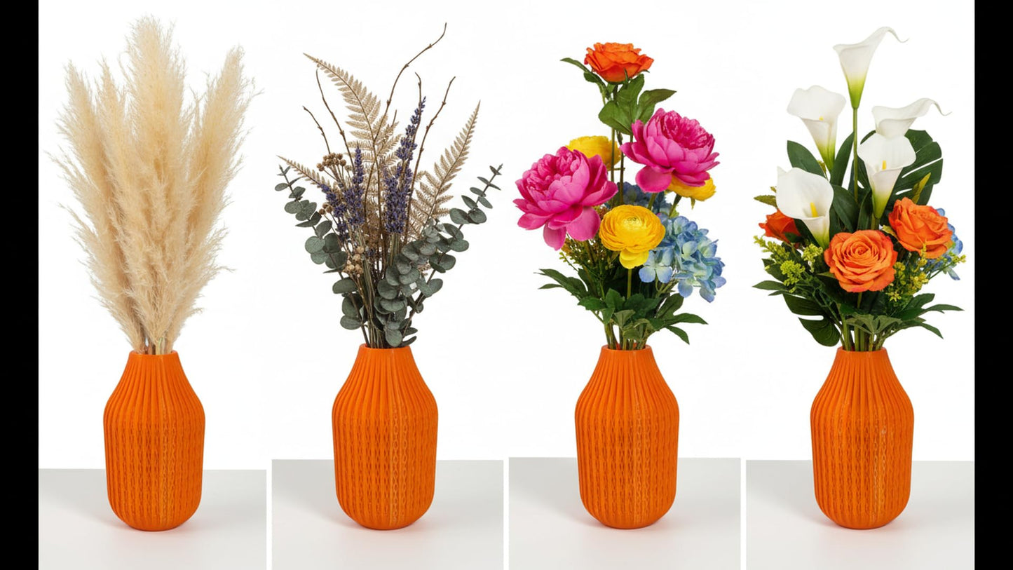 Modern Ribbed Decorative Flower Vase Set for Living Room Table Décor | Premium Matte Finish Blue & Black Vase for Home, Office, Bedroom & Center Table Styling | Artificial Flowers (Orange)