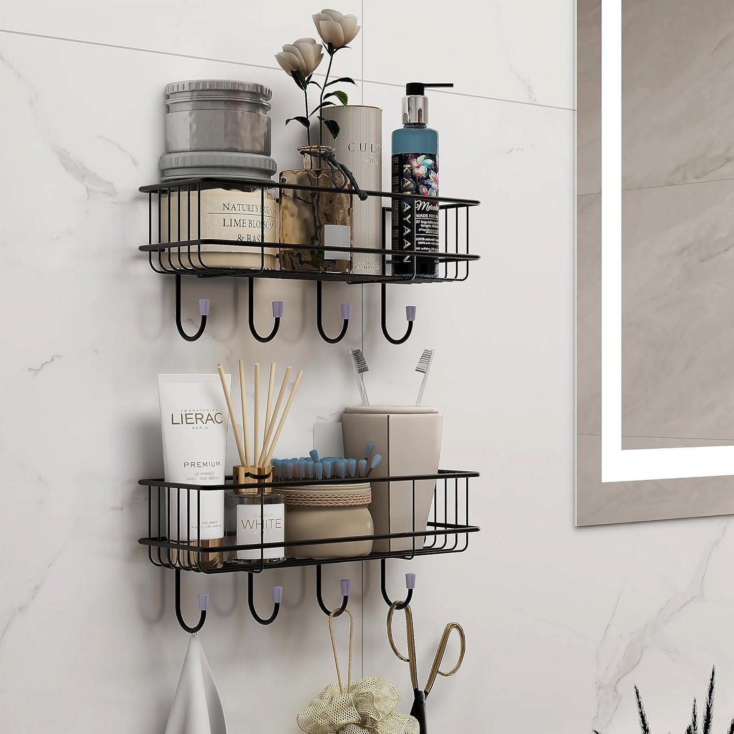 Kozykit Trends Bathroom Rack self with 4 Hooks to Hang Towel and More Hanging Items Stainless Steel, Iron Wall Shelf (Number of Shelves - 2, Black)