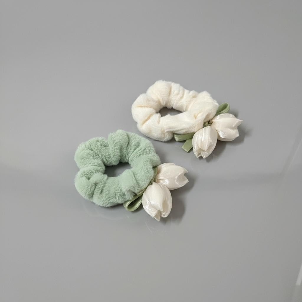 Fur Tulip Flower Scrunchies for Women & Girls | Fluffy Soft Hair Scrunchies | Elastic Ponytail Bands | Multicolor Stylish Hair Accessories (2)