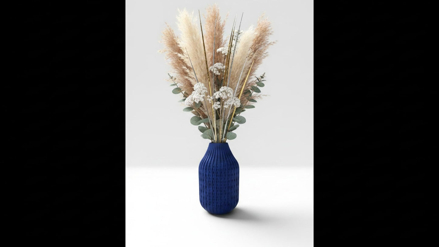 Modern Ribbed Decorative Flower Vase Set for Living Room Table Décor | Premium Matte Finish Blue & Black Vase for Home, Office, Bedroom & Center Table Styling | Artificial Flowers (Orange)