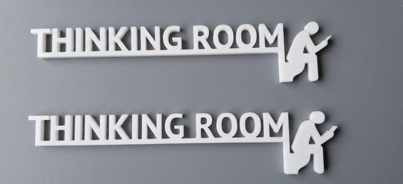 Thinking Room Funny Bathroom Door Sign -Plastic Rust-Resistant Decor with Humorous Quotes | Black & white Matte Bathroom Signs for Restroom | 13.8''x3.2'' Unique Toilet Door Topper Decor pack of 2 (Black)