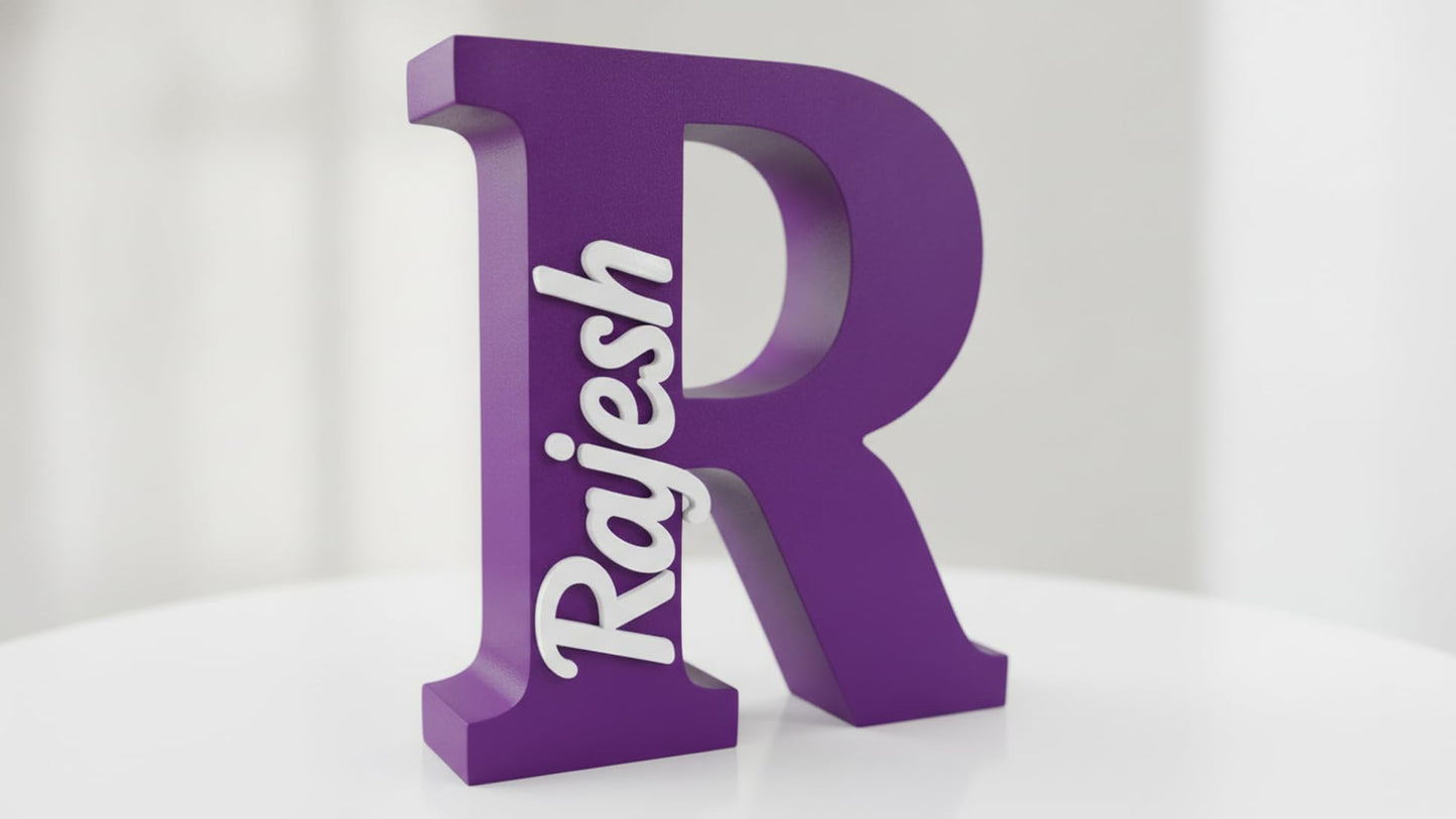 Personalised Name Letter Standing Sign Custom Table Decor | 3D Printed Alphabet Sign 16x14x2cm | Modern Home Room Decoration | Nursery Bedroom Office Wedding Gift Showpiece (Purple_Gourav)