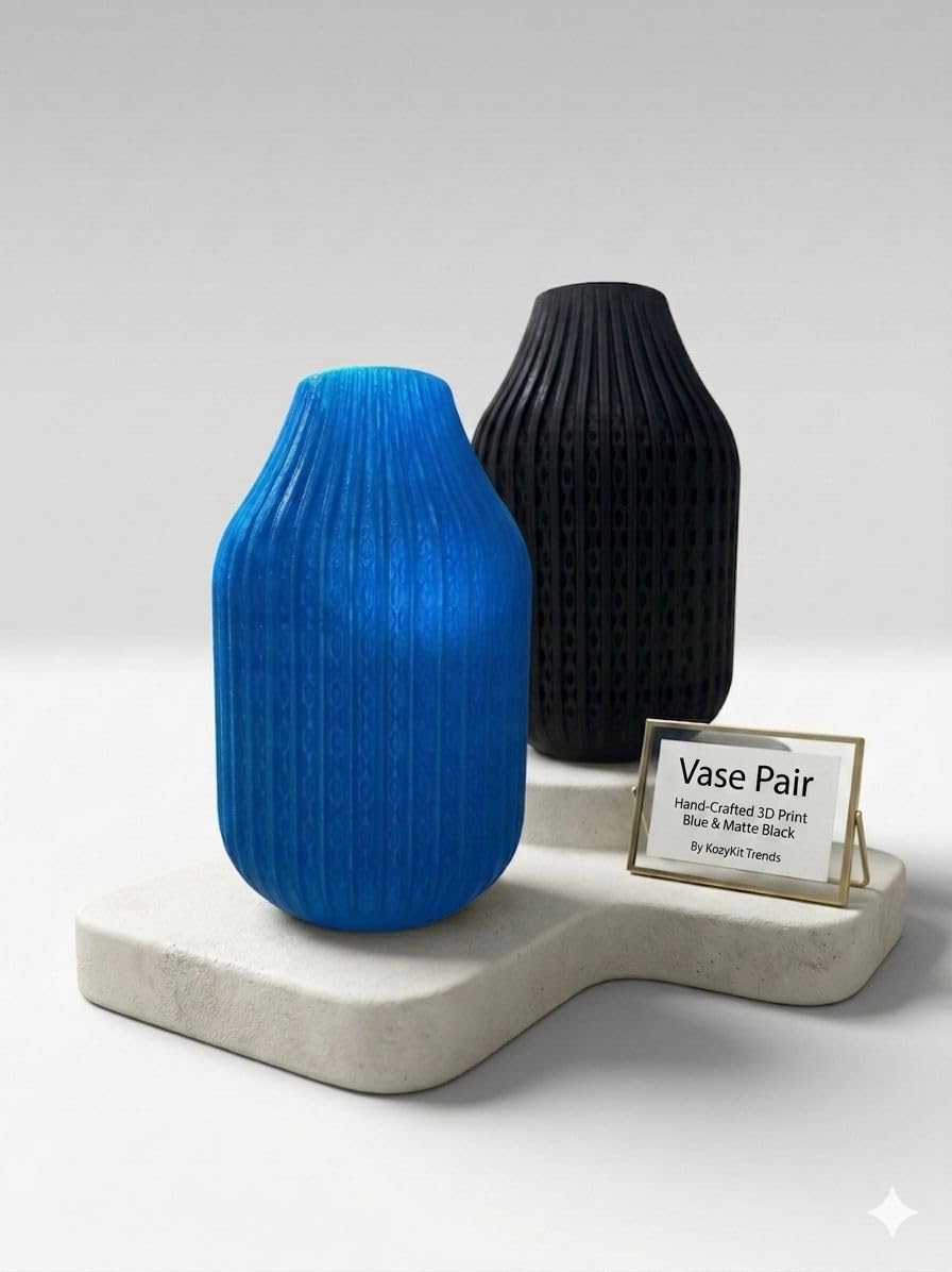 Modern Ribbed Decorative Flower Vase Set for Living Room Table Décor | Premium Matte Finish Blue & Black Vase for Home, Office, Bedroom & Center Table Styling | Artificial Flowers (Orange)