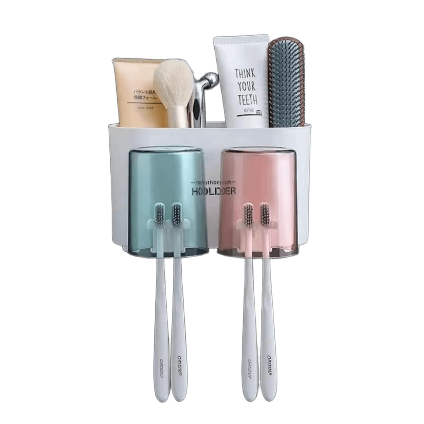 Kozykit Trends Tooth Brush Holder Wall Mounted for Bathroom with 2 Mouthwash Cups Bathroom Toothbrush Organizer | Multi-Compartment, Dustproof & Bathroom Storage (Toothbrush Holder)