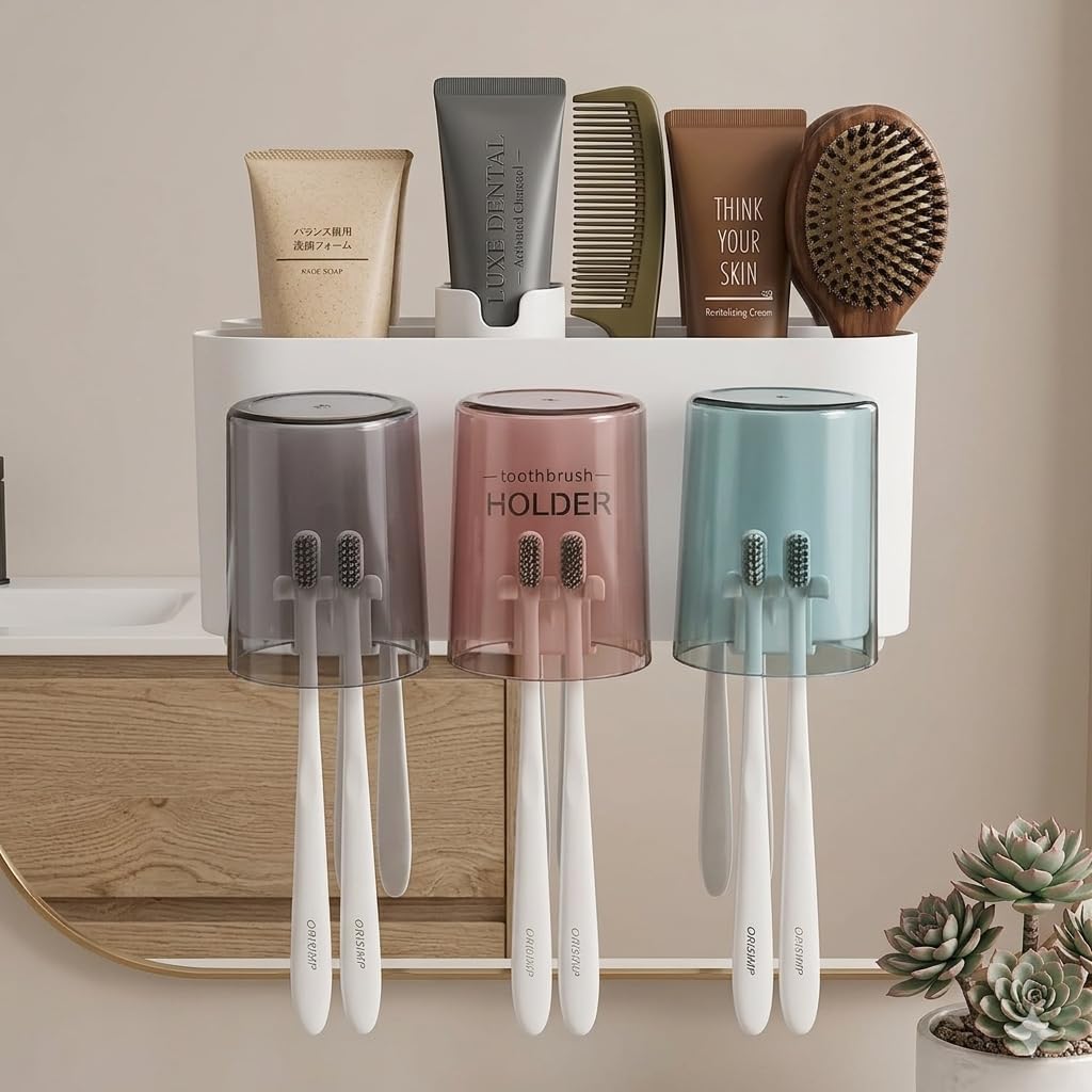 Kozykit Trends Tooth Brush Holder Wall Mounted for Bathroom with 2 Mouthwash Cups Bathroom Toothbrush Organizer | Multi-Compartment, Dustproof & Bathroom Storage (Toothbrush Holder)
