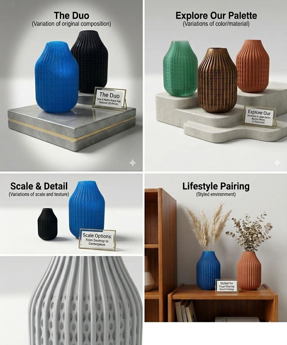 Modern Ribbed Decorative Flower Vase Set for Living Room Table Décor | Premium Matte Finish Blue & Black Vase for Home, Office, Bedroom & Center Table Styling | Artificial Flowers (Orange)