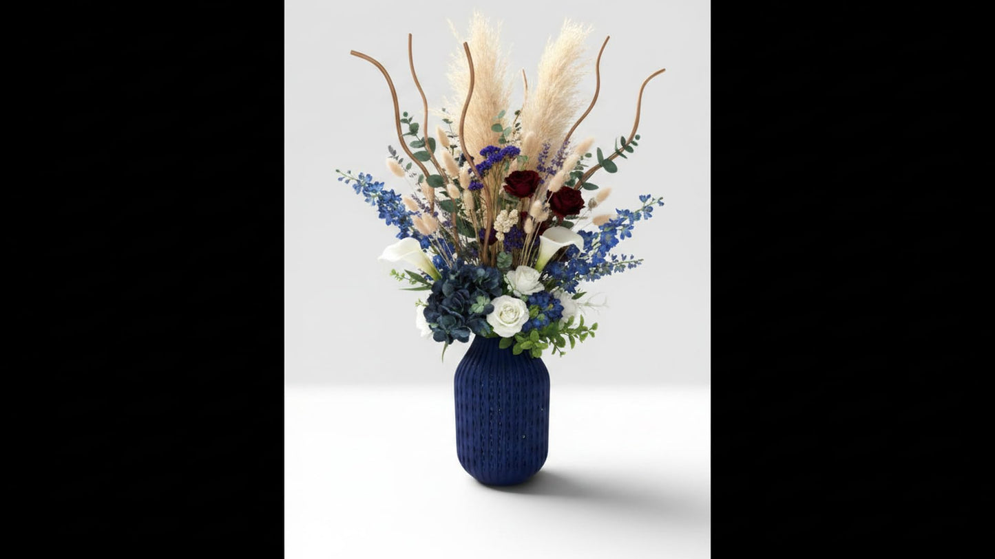 Modern Ribbed Decorative Flower Vase Set for Living Room Table Décor | Premium Matte Finish Blue & Black Vase for Home, Office, Bedroom & Center Table Styling | Artificial Flowers (Orange)