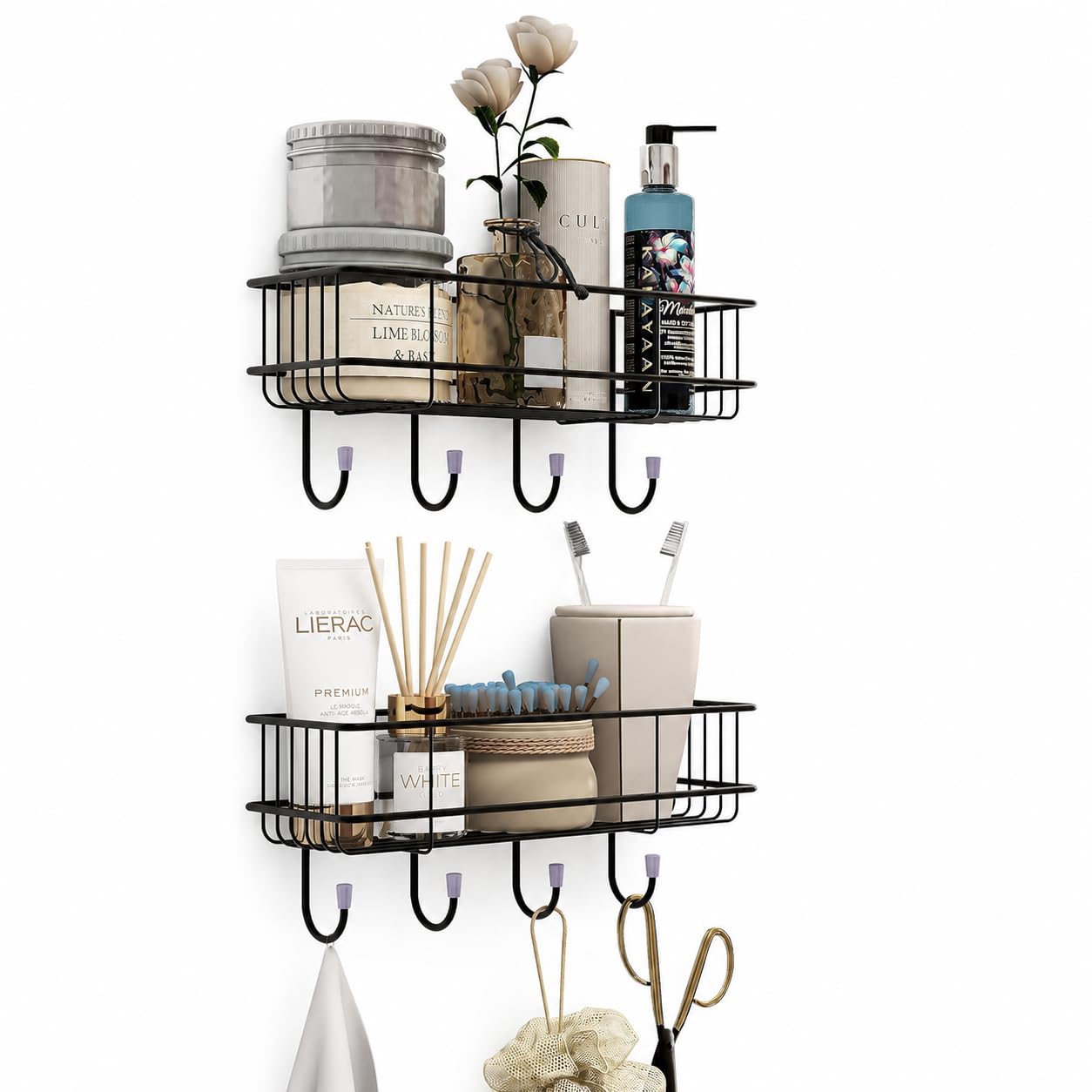 Kozykit Trends Bathroom Rack self with 4 Hooks to Hang Towel and More Hanging Items Stainless Steel, Iron Wall Shelf (Number of Shelves - 2, Black)