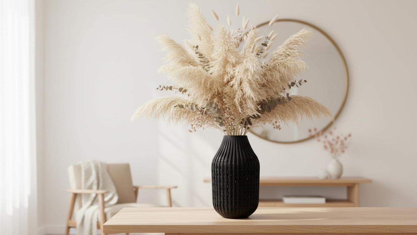 Modern Ribbed Decorative Flower Vase Set for Living Room Table Décor | Premium Matte Finish Blue & Black Vase for Home, Office, Bedroom & Center Table Styling | Artificial Flowers (Orange)