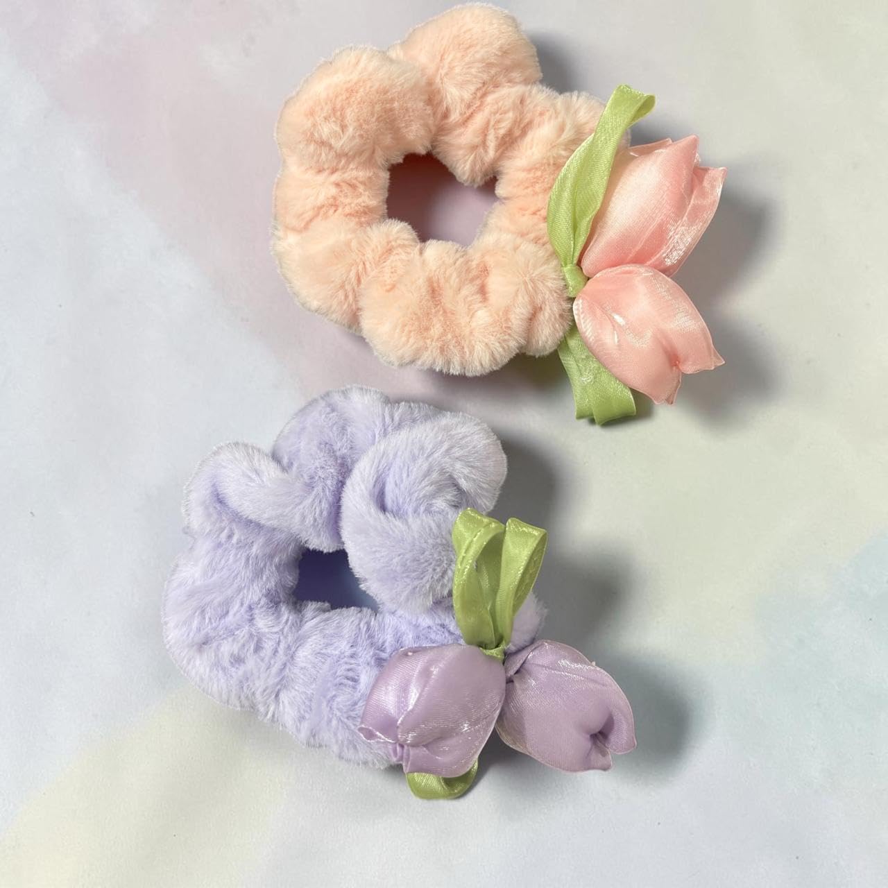 Fur Tulip Flower Scrunchies for Women & Girls | Fluffy Soft Hair Scrunchies | Elastic Ponytail Bands | Multicolor Stylish Hair Accessories (2)