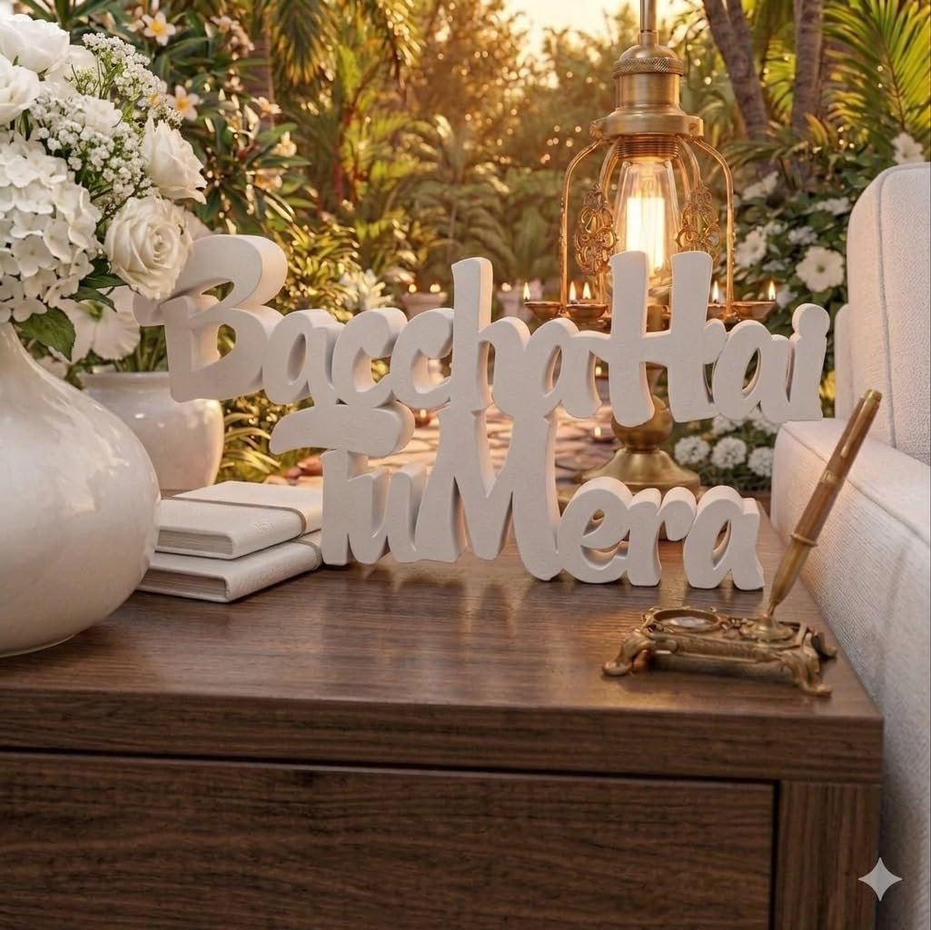 Kozykit Trends "Baccha Hai Tu Mera" Plastic Tabletop Sign, Freestanding Script Desk Décor, for Home, Bedroom, Office, Shelf, (White)