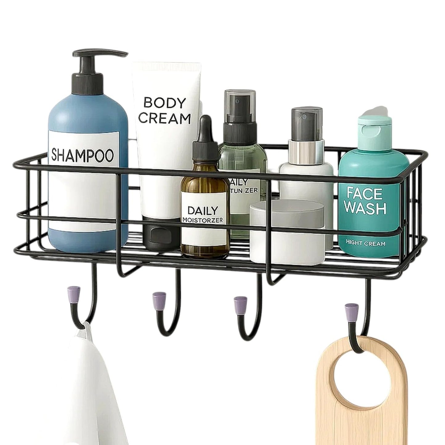 Kozykit Trends Bathroom Rack self with 4 Hooks to Hang Towel and More Hanging Items Stainless Steel, Iron Wall Shelf (Number of Shelves - 2, Black)