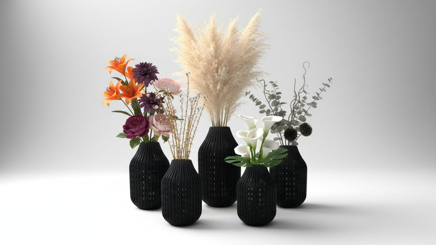 Modern Ribbed Decorative Flower Vase Set for Living Room Table Décor | Premium Matte Finish Blue & Black Vase for Home, Office, Bedroom & Center Table Styling | Artificial Flowers (Orange)