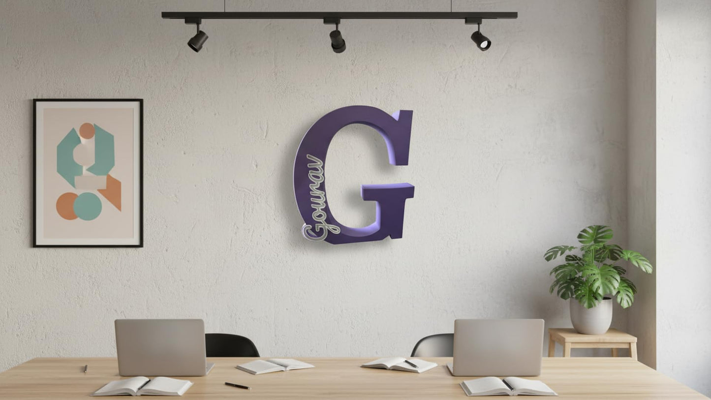 Personalised Name Letter Standing Sign Custom Table Decor | 3D Printed Alphabet Sign 16x14x2cm | Modern Home Room Decoration | Nursery Bedroom Office Wedding Gift Showpiece (Purple_Gourav)