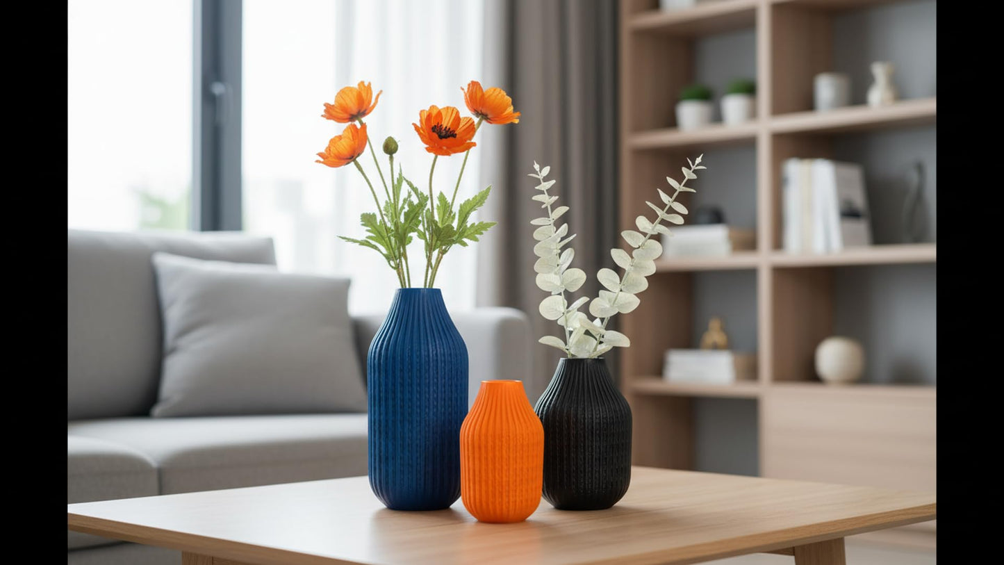 Modern Ribbed Decorative Flower Vase Set for Living Room Table Décor | Premium Matte Finish Blue & Black Vase for Home, Office, Bedroom & Center Table Styling | Artificial Flowers (Orange)
