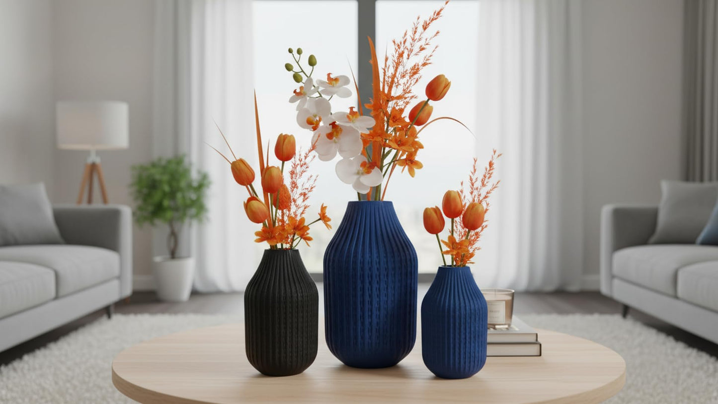 Modern Ribbed Decorative Flower Vase Set for Living Room Table Décor | Premium Matte Finish Blue & Black Vase for Home, Office, Bedroom & Center Table Styling | Artificial Flowers (Orange)