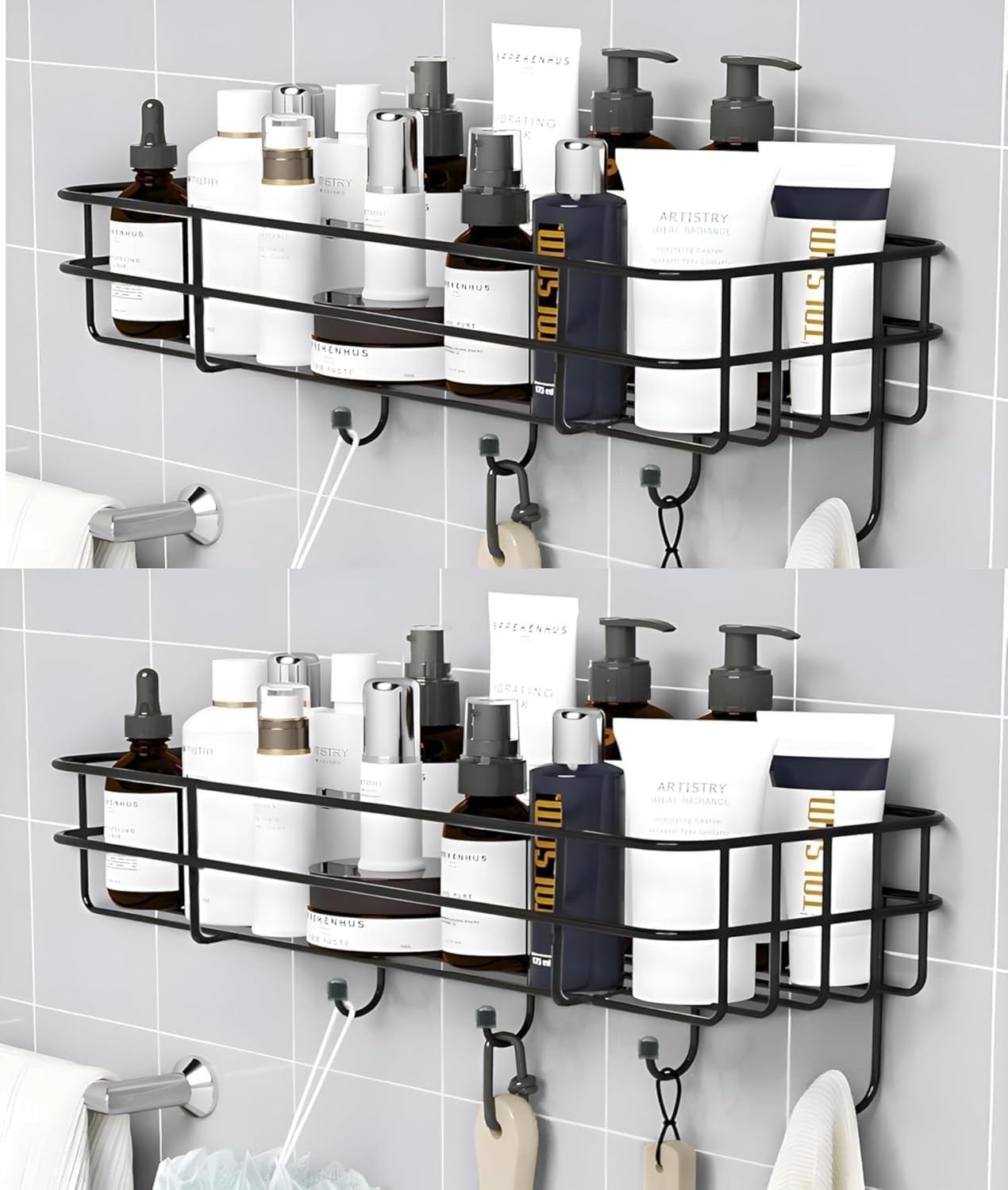 Kozykit Trends Bathroom Rack self with 4 Hooks to Hang Towel and More Hanging Items Stainless Steel, Iron Wall Shelf (Number of Shelves - 2, Black)